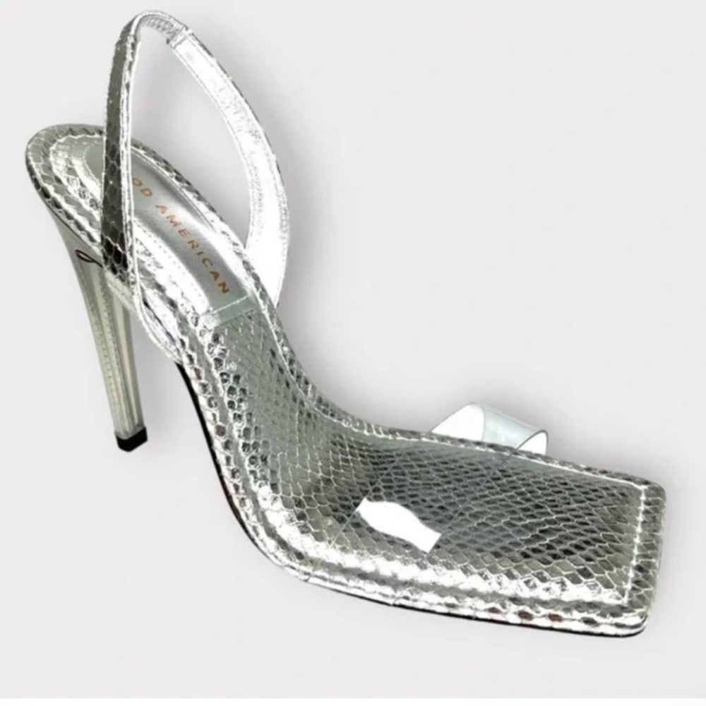 Good American Silver Metallic Snake-Embossed High Heel Sandals